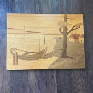 VTG ‘77 Dovana Lithuania USSR Nida Wooden Marquetry Artwork Boat Seaside Plaque